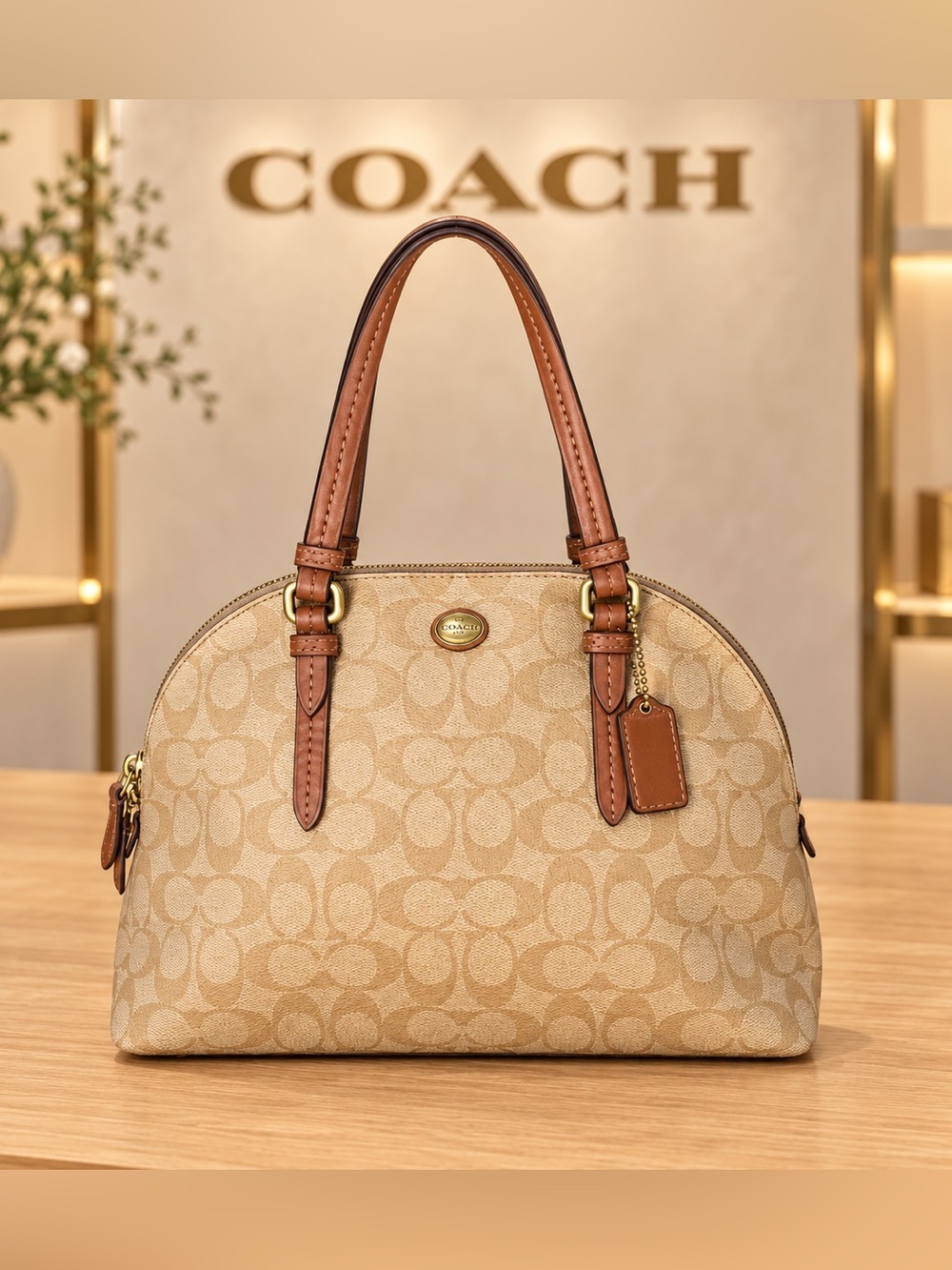 Coach Tan Signature Dome Satchel with Saddle Trim